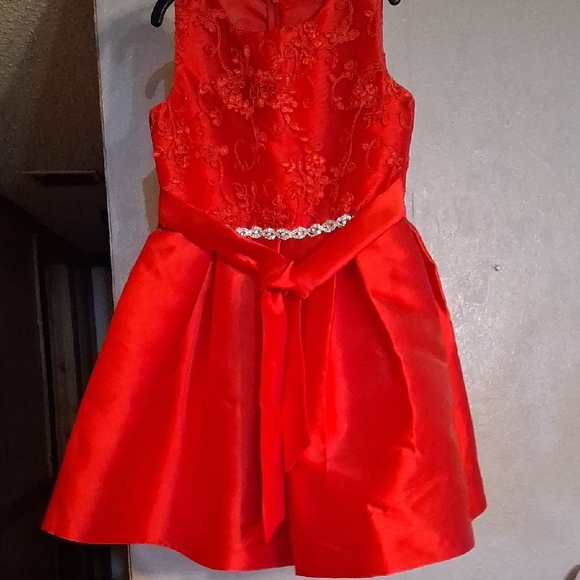 Charming Scarlet Kids Dress with Floral Embroidery